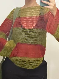 Kadın Sweaters Kadın Moda Kontrast Renk Boş Out Kare Boyun Uzun Kollu Örgü