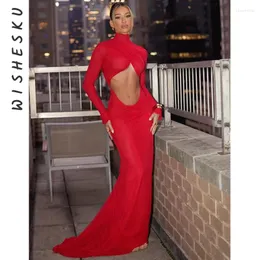 Casual Dresses Women Turtleneck ihålig ut Slim Fit Maxi Dress Elegant Long Sleeve Party Vestidos 2024 Spring Fall Night Prom Clothes