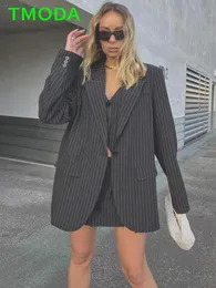 T Moda Women Fashion Front Button Gray Gray Pinstripe Blazer Coat Vintage Fin -Flap Pockets Female Chic Ofterear Femmes 240130