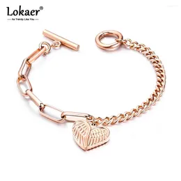 Braccialetti con ciondoli Lokaer Moda Bella Carino Amore Ali d'angelo Cuore in acciaio inossidabile Bracciale color oro rosa Gioielli B18102