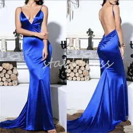 Simples vestido de noite azul real sexy cintas de espaguete sereia vestidos de baile sexy decote em v sem costas cetim vestido formal elegante feminino vestidos de fiesta ocasião especial