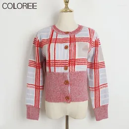 Women's Knits Luxury Winter Clothes Women Runway Designer O-neck Long Sleeve Top Mujer 2024 Vintage Pink Plaid Pull Femme Hiver