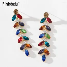 매달린 귀걸이 Pinkdudu Fashion 4 컬러 모조 다이아몬드 리프 잎 드롭 과장된 성격 여성 보석을위한 다색 잎 이어링 PD739
