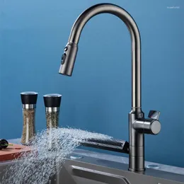 Kitchen Faucets Copper Rain Waterfall Outlet Sink Faucet And Cold Rotating Grey Pull-out Type Single Hole