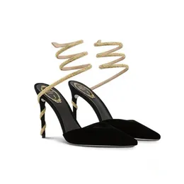 Rene caovilla Margot rhinestone ankle strap velvet sandals Pumps Snake Strass stiletto Heels women's high heeled Luxury Designers Ankle Wraparound Evening shoe box