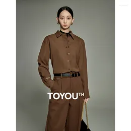 Kvinnors blusar Toyouth Women Shirt 2024 Autumn Long Sleeve Polo Neck Loose Blouse Asymmetric Packet Fashion Pending Coffee Warm Tops