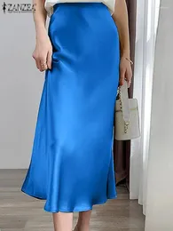 Spódnice Zanzea moda Kobiety Długa A-line wysokiej talii satynowa spódnica elegancka impreza Jupe Sundress Solid Faldas Saia Zipper Vestido 2024
