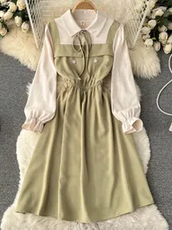 Sıradan elbiseler yuoomuoo kadınlar elbise 2024 bahar sonbahar tüm eşleşme sahte iki parça set uzun kollu gömlek Vintage Kore vestidos