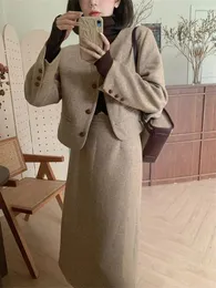 Dwuczęściowa sukienka unxx 2024 jesień zima koreański mały garnitur dla kobiet w kasztanowym tweedu Slim Fit Wysoka jakość