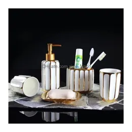 Other Housekeeping Organization Sets 5Pcs/Lot Golden Plating Ceramic Bathroom Accessories Set Soap Dispenser Toothbrush Holder Tum Dhxuw