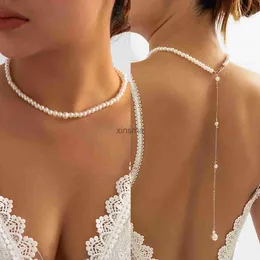 その他のジュエリーセットPurui Korean Romance Imitation Pearl Chain Necklace Back Chain for Women Fashion Long Tassel Body Chain Wedding Jewelry YQ240204