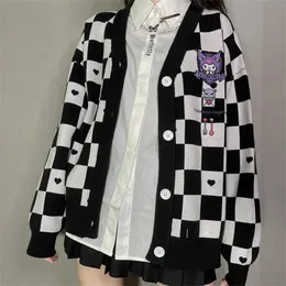 Kawaii Cartoon Embroidery Cardigan Women JK Uniform Checkerboard tröja Coat Autumn Loose Y2K Sticked Sueters de Mujer 240202