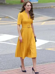 Party Dresses Kate Middleton Princess Fashion Elegant Summer Women's Belt Slim Casual Vintage High Quality Yellow Midi Dress