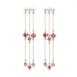 Stud Earrings 2024 Korean Fashion Jewelry Gold Plated Long Tassel Crystal Pearl Brincos Feminino Piercing