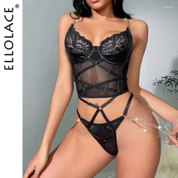 Conjuntos de sutiãs Ellolace Fantasia Lingerie com Cadeia Lace Erótico Conjunto Sensual Thongs Outfit Bra Kit Push Up Íntimo Preto See-Through Underwear