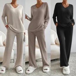 Kobiety swobodne proste spodnie moda luźna vneck dzianina Kurpie z długim rękawem Solid Kolor Pullover Tshirtpants 2 szt. Zestaw 240122