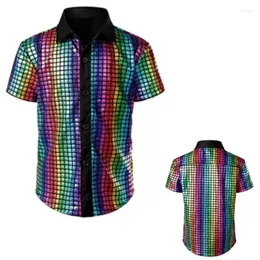 Men's Casual Shirts 70s Disco Metallic Sequins Short Sleeve Button Down Christmas Party Cosplay Nightclub Prom Deguisement