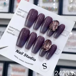 Handgjorda koreanska pressar på naglar Y2K Purple Luxury Charms Design återanvändbart lim False Nails Full Cover Long Coffin Nail Tips 240129