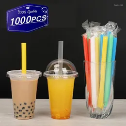 Copos descartáveis, canudos de plástico, 1000 peças, embalados individualmente, grande, colorido, boba, bolha, chá, milkshake, palha, acessórios de bar de cozinha