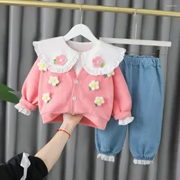 의류 세트 2024 봄 가을 어린이 소녀 3pcs 세트 꽃 니트 가디건 코트 셔츠 청바지 바지 아기 옷 정장