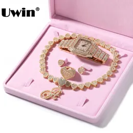 UWIN Iced Out Necklace/Earrings/Ring/Bracelet/Watch Jewelry Set For Women Bling Cubic Zircon Heart Shape Fashion Jewelry 240118