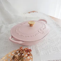 Розовый 32 см овальная голландская духовка эмалированная чугунная кастрюля с крышкой кастрюля кухонные принадлежности кухонные принадлежности 240130
