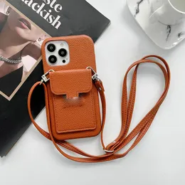 iPhone 15 Pro Max Designer Crossbody Phone Case for Apple 14 13 12 Mini 11 XS XR 8 7 Plus Luxury Pebbled PU Leather Card Holder Pocket Wallet Back Cover Coque Fundas Brown