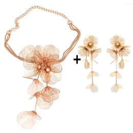 Chokermärke ZA Metal Cascading Flower Necklace Earring Set For Women 2024 Unik Punk Alloy Stora blommiga hängar halsband Tillbehörstillbehör