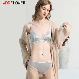 Conjuntos de sutiãs mulheres sutiã de seda conjunto 93% natural 7% spandex fino molde copo fio livre com calcinha roupa íntima confortável ta023