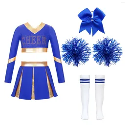 Palco desgaste cheerleading traje para meninas colheita top com mini saia bowknot meias flor bolas outfit cosplay desempenho competição