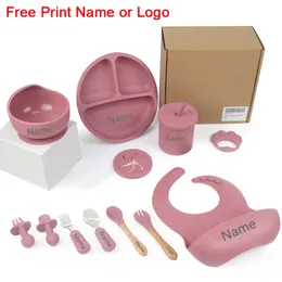 11 pçs conjuntos de alimentação de silicone para o bebê nome personalizado utensílios de mesa das crianças ventosa placas tigela copos 240131