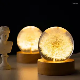 Estatuetas decorativas luminosas 3D dente de leão bola de cristal base de suporte de madeira de faia esfera de flores preservadas enfeites de mesa bithday natal