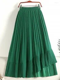 Saias Tigena Hem irregular plissado saia longa para mulheres 2024 primavera verão casual sólido uma linha cintura alta maxi feminino verde