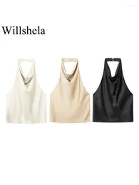 Kvinnors tankar willshela kvinnor mode satin flytande halter tank tops rygglös med knapp vintage nack kvinnlig chic lady crop top