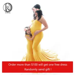 Klänningar Don Judy Photography Golden Autumn Maxi Long Stretchy Mom Daughter Set Dresses Pregnant Women Moderskapsklänning för fotografering