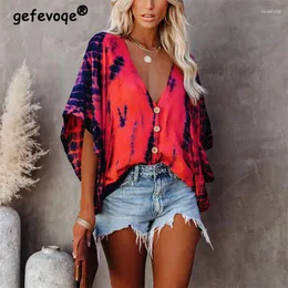 Women's Blouses Summer Fashion Oversized Deep V-neck Shirt Tie Dye Vintage Print Button Batwing Sleeve Top Female Casual Loose Cardigan