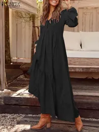 Sukienki swobodne Zanzea 2024 Spring Sundress V szyja ruflle długie rękawie szata nadmierna bohemijska elegancka koszula sukienka kobiety maxi vestido 1