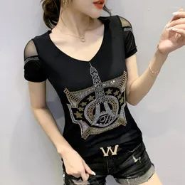 Women's T Shirts High Quality Summer Girl T-Shirt Clothes Fashion Shiny Diamonds Eiffel Tower Women Tops Sexy Back Mesh Shirt Tees 2024