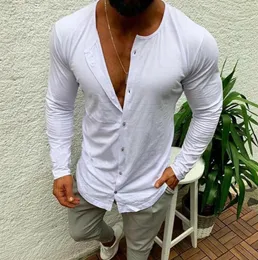 Mens Casual Fashion Slim Fit Button V Neck Long Sleeve Muscle Basic Tee Solid Color Tshirt Casual Tops7410438