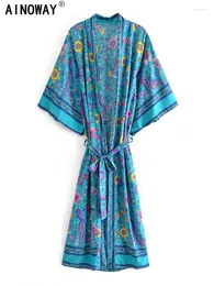 Costumi da bagno da donna Vintage Donna Verde pavone Stampa floreale Fusciacche Kimono bohémien Manica a pipistrello Spiaggia Boho Robe Bikini Copricostumi Abbigliamento da spiaggia