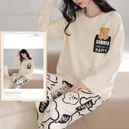 Kvinnors sömnkläder Spring Autumn Size 5XL PJS Kvinnor Polyester Pyjamas Långärmad hemkläder Set Womens Cartoon Nightwear Casual Pijamas