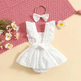 Rompers Embroidery Floral Baby Girls Summer Romper Dress Solid White Ruffle Sleeveless Playsuit With Headband Backless Sundress