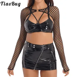 Kvinnor O Ring Long Sleeve Sheer Mesh rycker Tshirts Sexig Seethrough Fishnet Cover Up Shirts Mock Neck Mini Crop Top Party Club 240201