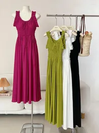 Casual Kleider Sommer Süße Ärmel Frauen Strand Party Kleid Plissee Vintage Spaghetti Strap A-linie Weibliche Maxi Kleidung