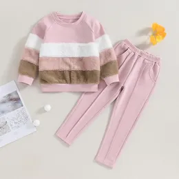 Set di abbigliamento 3-7 anni Kid Girls Autunno Inverno Abiti Baby Fuzzy Peluche a maniche lunghe Felpa Top Pantaloni Abbigliamento per bambini Tute