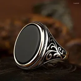 Klaster Pierścienie steampunk unikalny srebrny pierścień kolorowy czarny owalny kamień dla mężczyzn rzeźbiony wzór projekt mody biżuteria