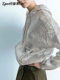 Suéteres femininos Mulheres Metálicas Rib Trim Folha Com Capuz Camisola Casual Manga Longa Cordão Pulôver Top 2024 Outono Feminino Elegante
