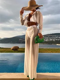 Women's Swimwear 4 Piece Bikini Set Women Solid White Long Sleeve Cover Up With High Waist Pants Swimsuit Beach Bathing Suit Mesh Thong