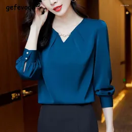 Women's Blouses High Quality Elegant Fashion Beads Chic Office Lady Shirt Business Casual V Neck Long Sleeve Solid Loose Blouse Top Women