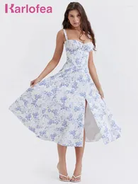 Abiti casual Karlofea Abito longuette dolce da donna 2024 Abiti da festa al mare Abiti rave Chic Back Lace Up Summer Floral Print Sundress